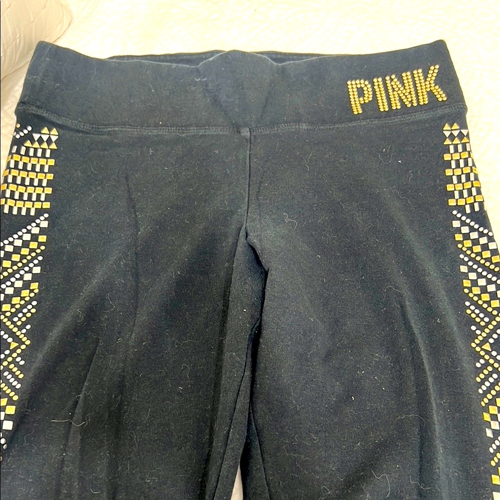 Vintage PINK Black Leggings with Gold Studded Aztec Side Panels - Picture 2 of 4